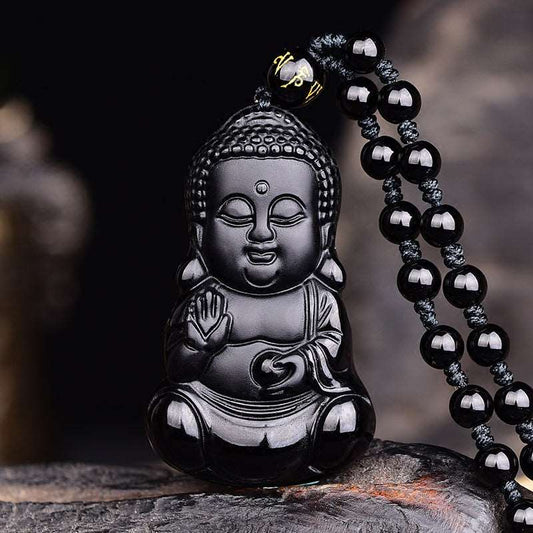 Natural Obsidian  Buddha Pendant and Beads