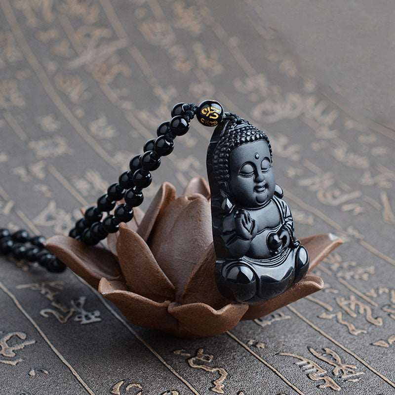 Natural Obsidian  Buddha Pendant and Beads