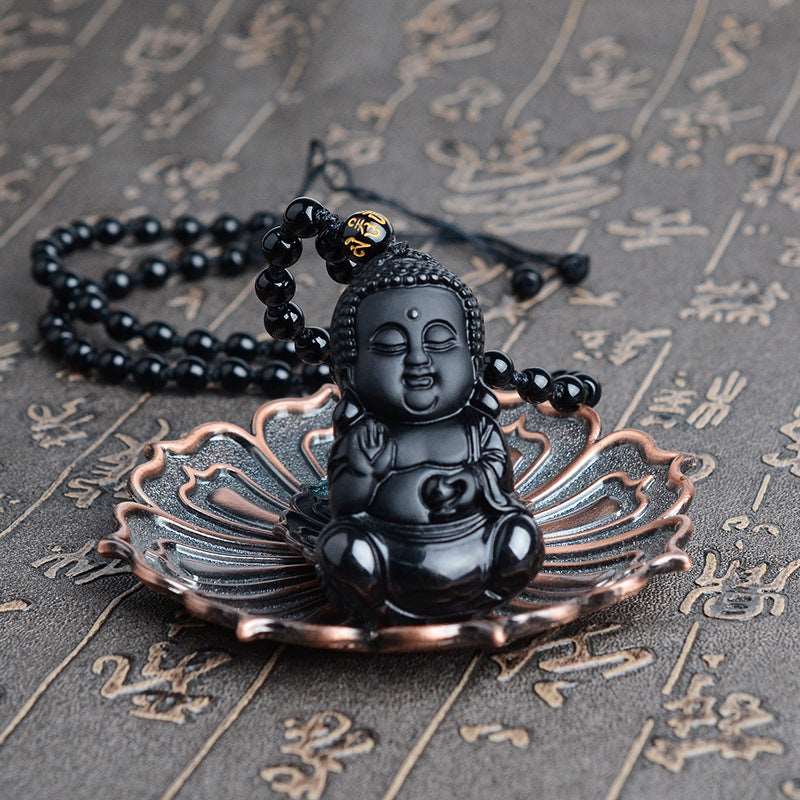 Natural Obsidian  Buddha Pendant and Beads